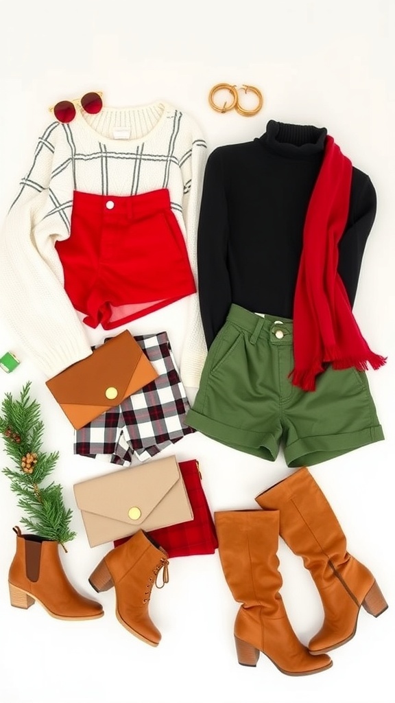 Stylish Christmas Outfit Ideas Featuring Aesthetic Shorts Flat lay of Christmas outfits with aesthetic shorts, featuring various tops and accessories.